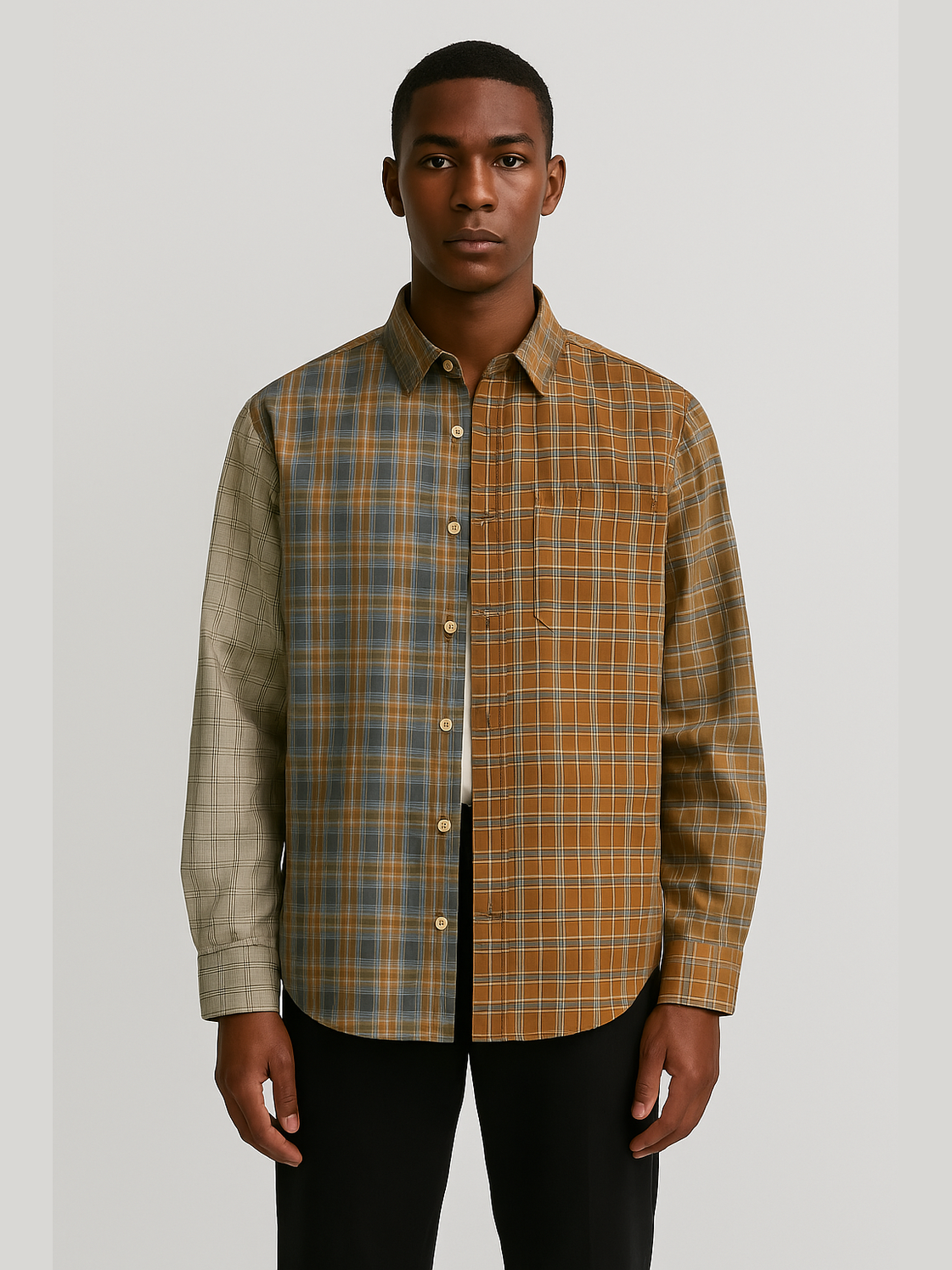 Patchwork Panelled Plaid Shirt – Multi-Tone Brown