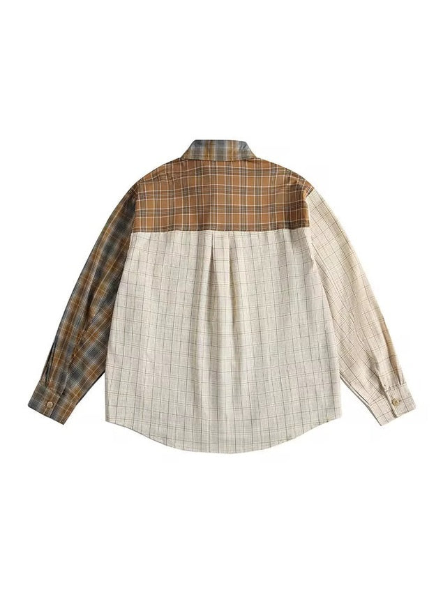Patchwork Panelled Plaid Shirt – Multi-Tone Brown