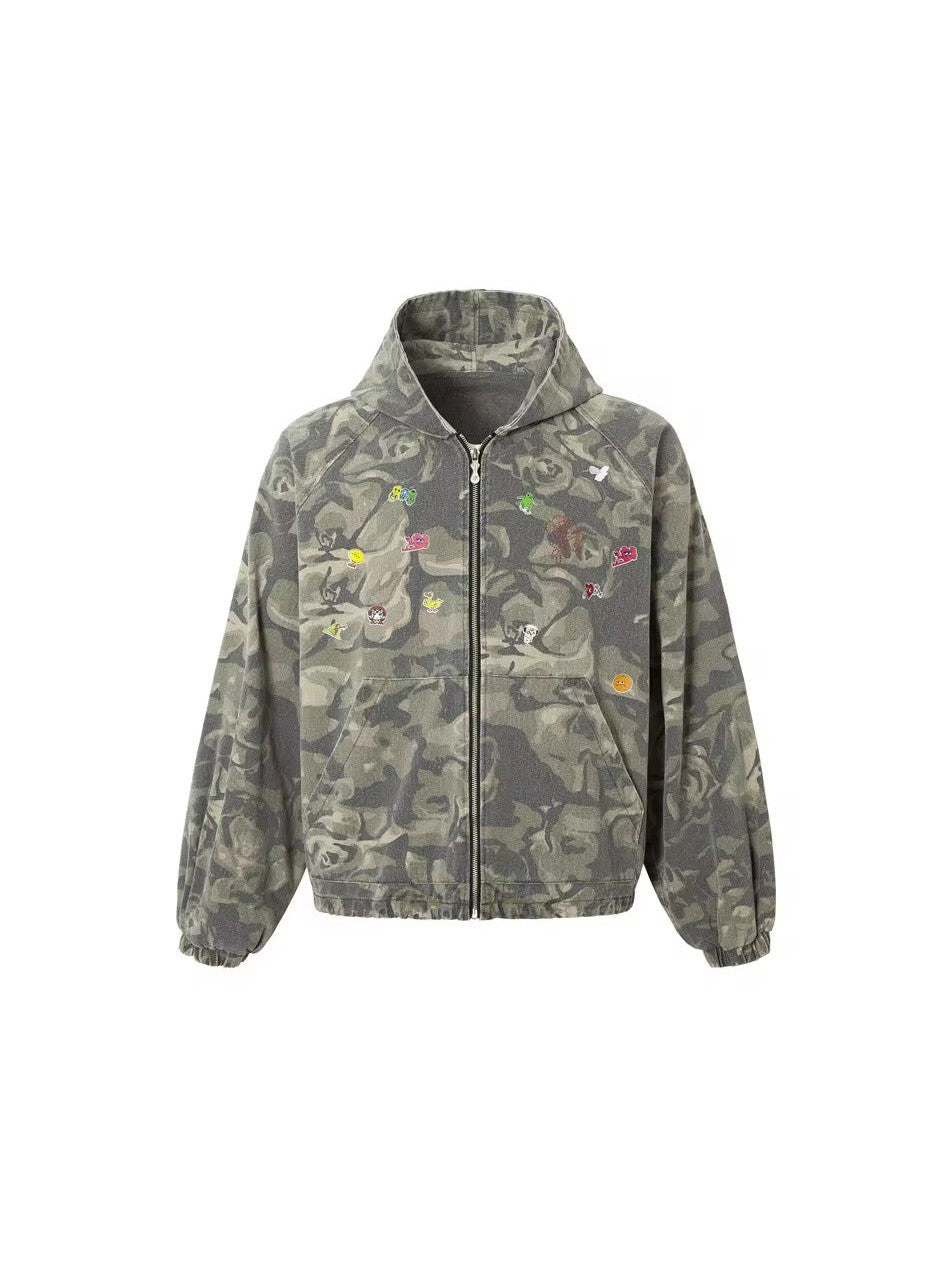 Embroidered Camo Zip-Up Hoodie