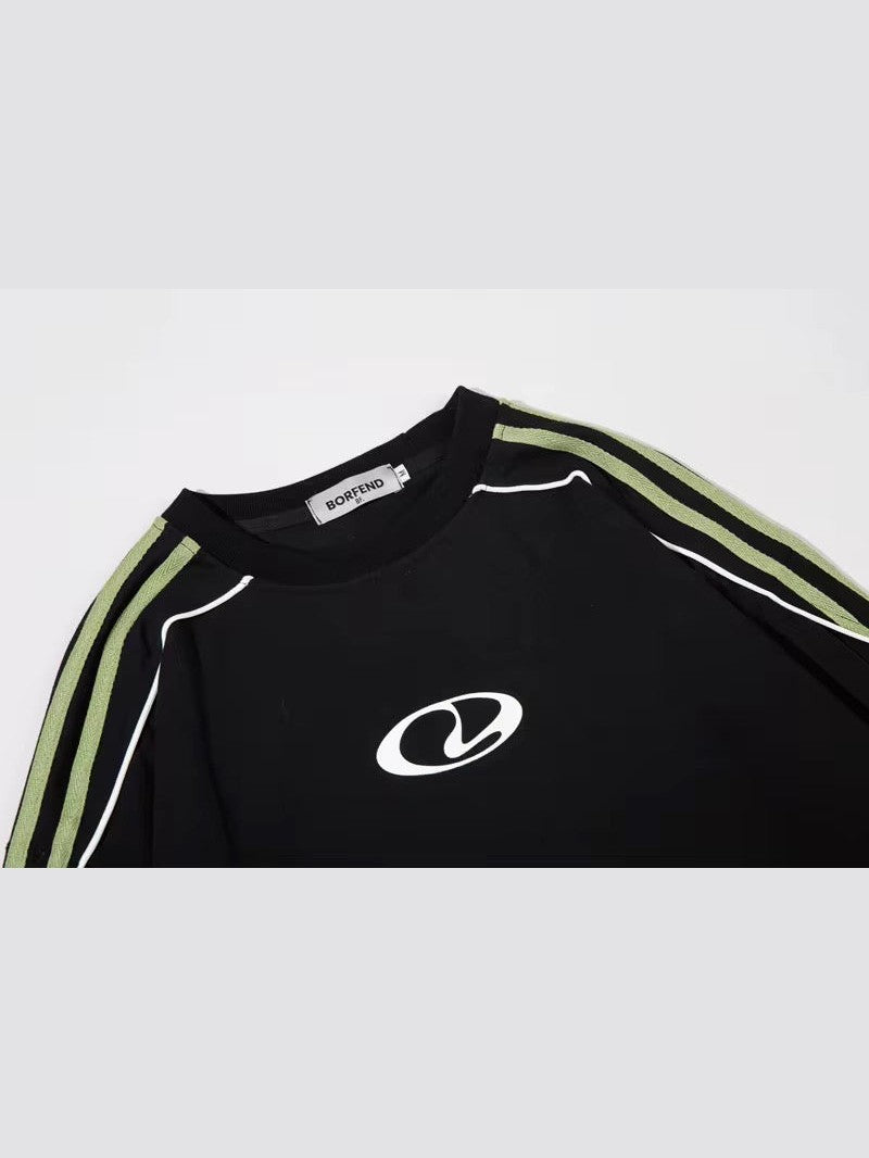 Retro Sports-Inspired Striped Sleeve Long-Sleeve Tee