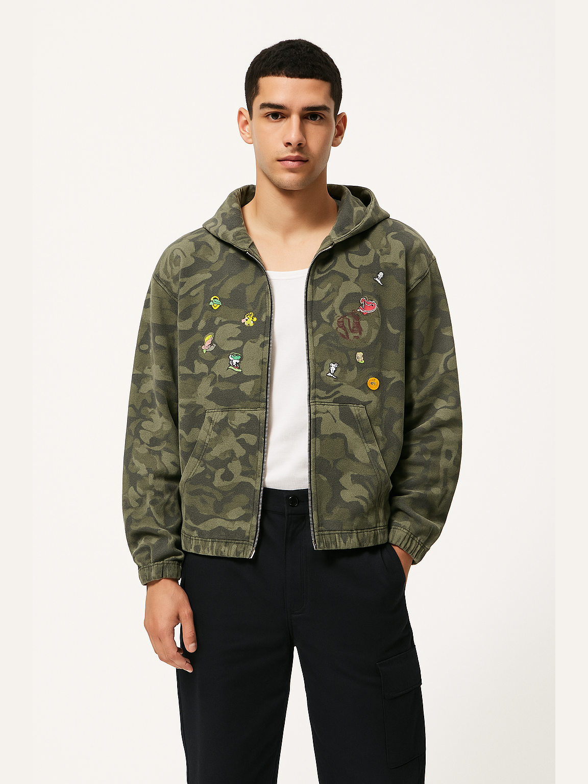 Embroidered Camo Zip-Up Hoodie
