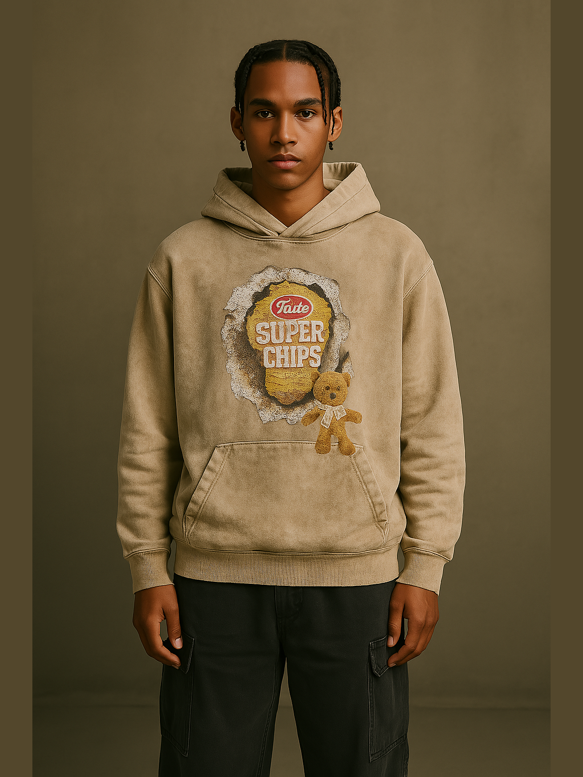 “Super Chips” Hoodie with Teddy Patch – Washed Black / Cream Beige