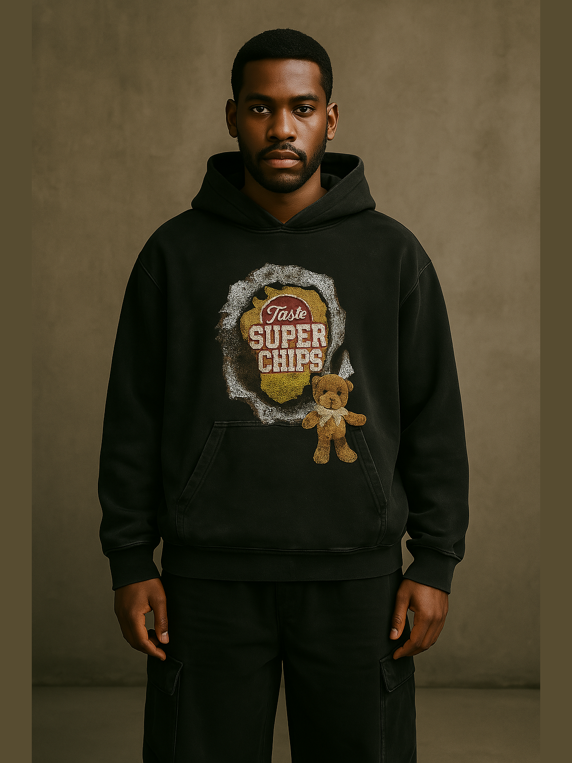 “Super Chips” Hoodie with Teddy Patch – Washed Black / Cream Beige
