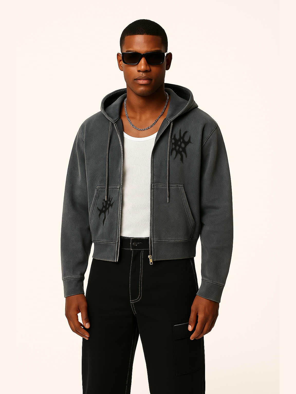 Vintage-Washed Embossed Lettering Hoodie