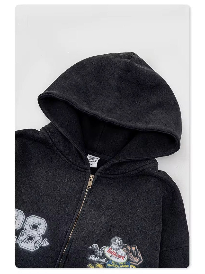 No. 28 “Monster Rally” Zip-Up Hoodie – Vintage Black