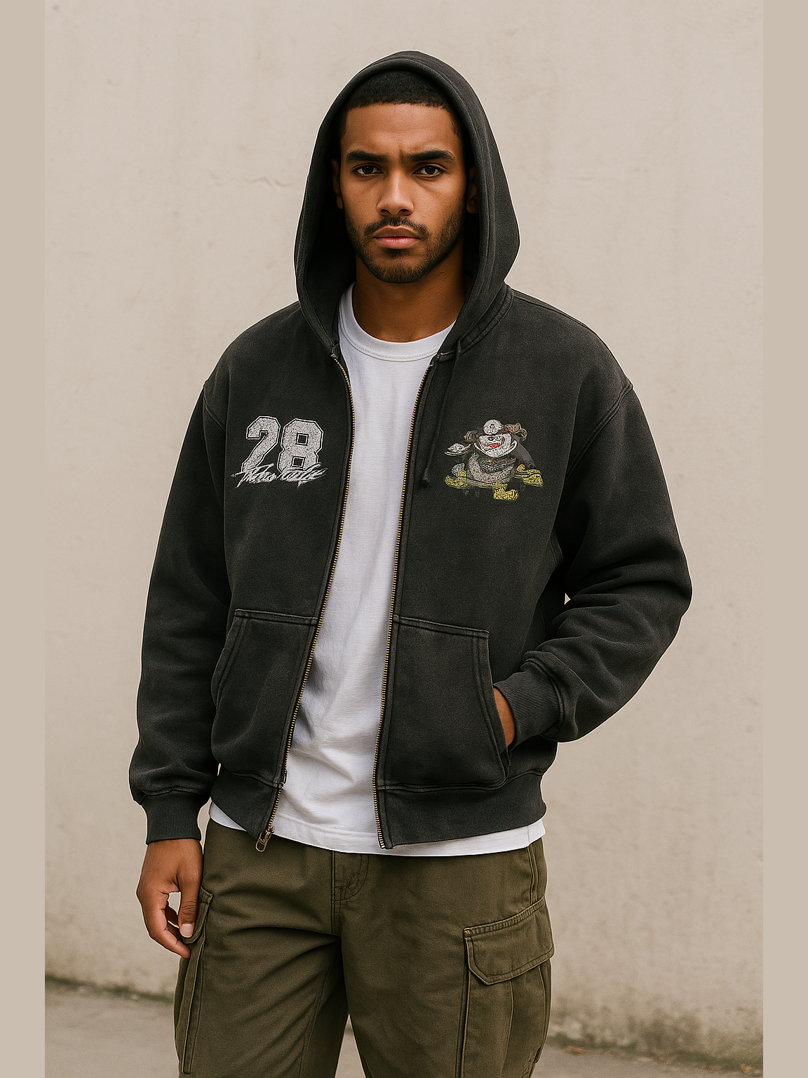 No. 28 “Monster Rally” Zip-Up Hoodie – Vintage Black