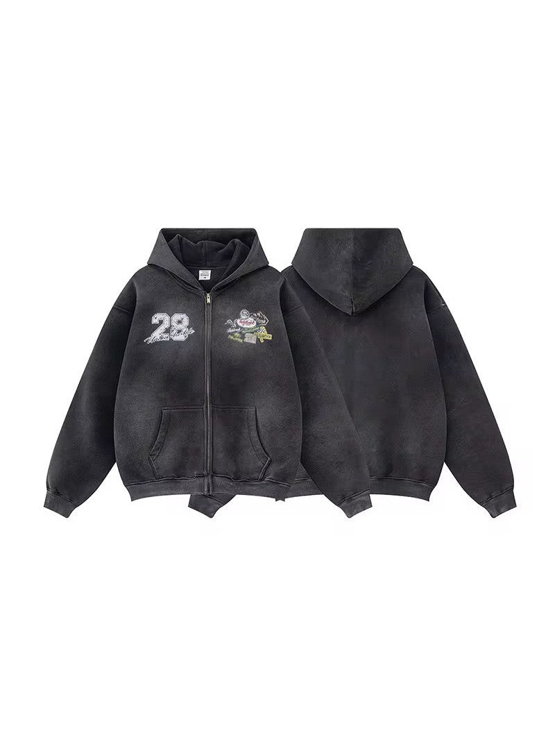 No. 28 “Monster Rally” Zip-Up Hoodie – Vintage Black