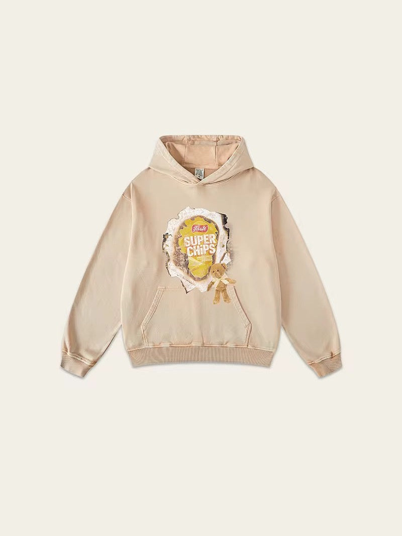 “Super Chips” Hoodie with Teddy Patch – Washed Black / Cream Beige