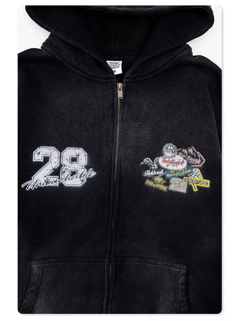 No. 28 “Monster Rally” Zip-Up Hoodie – Vintage Black