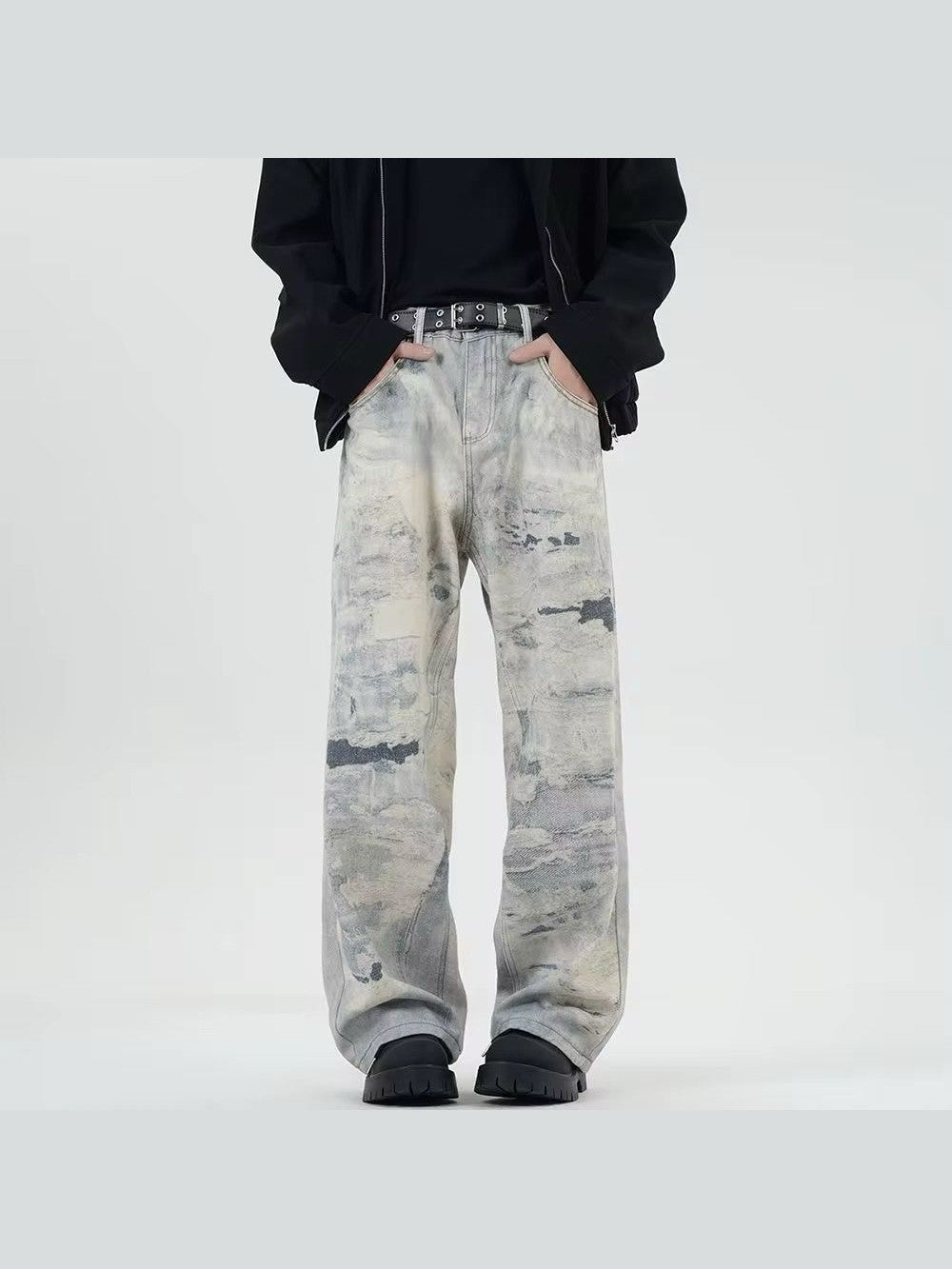 Abstract Washed Wide-Leg Cloud Denim