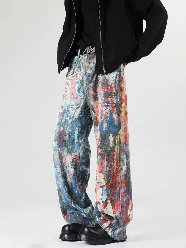 Abstract Hand Paint-Splatter Finish Denim