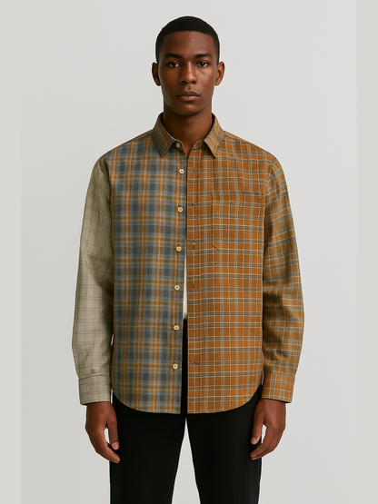 Patchwork Panelled Plaid Shirt – Multi-Tone Brown