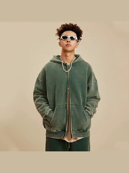 Washed Vintage Zip Hoodie in Olive Green