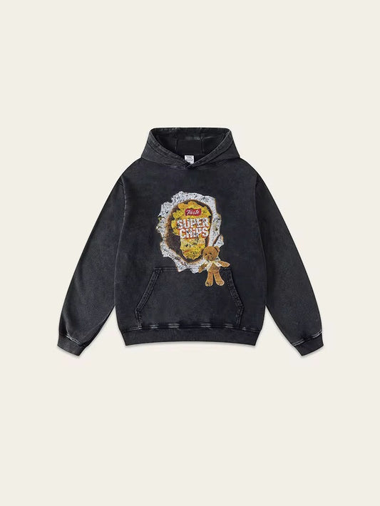 “Super Chips” Hoodie with Teddy Patch – Washed Black / Cream Beige