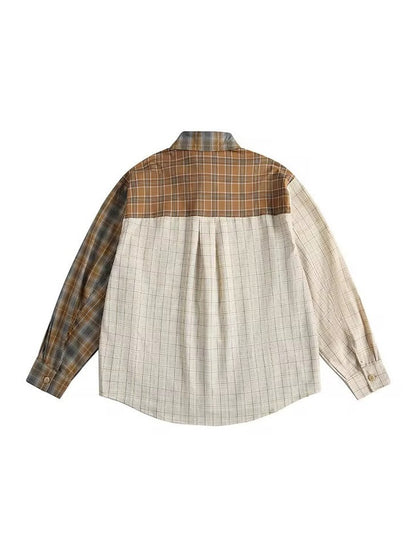 Patchwork Panelled Plaid Shirt – Multi-Tone Brown