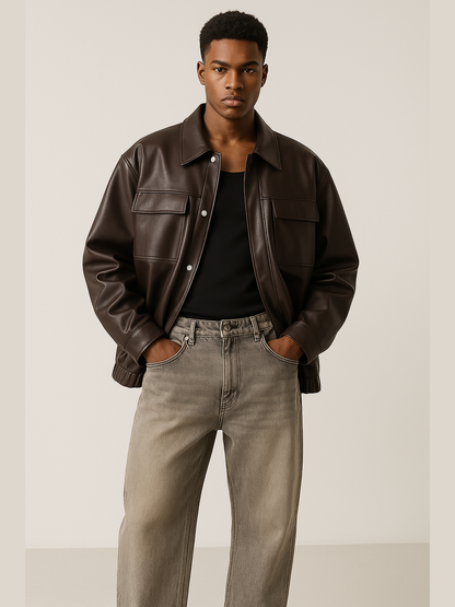 Oversized Faux Leather Utility Jacket