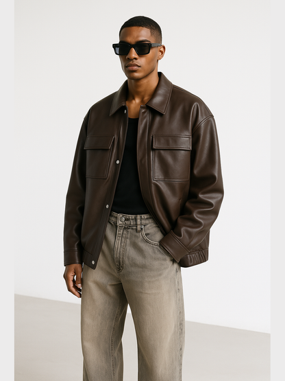 Oversized Faux Leather Utility Jacket