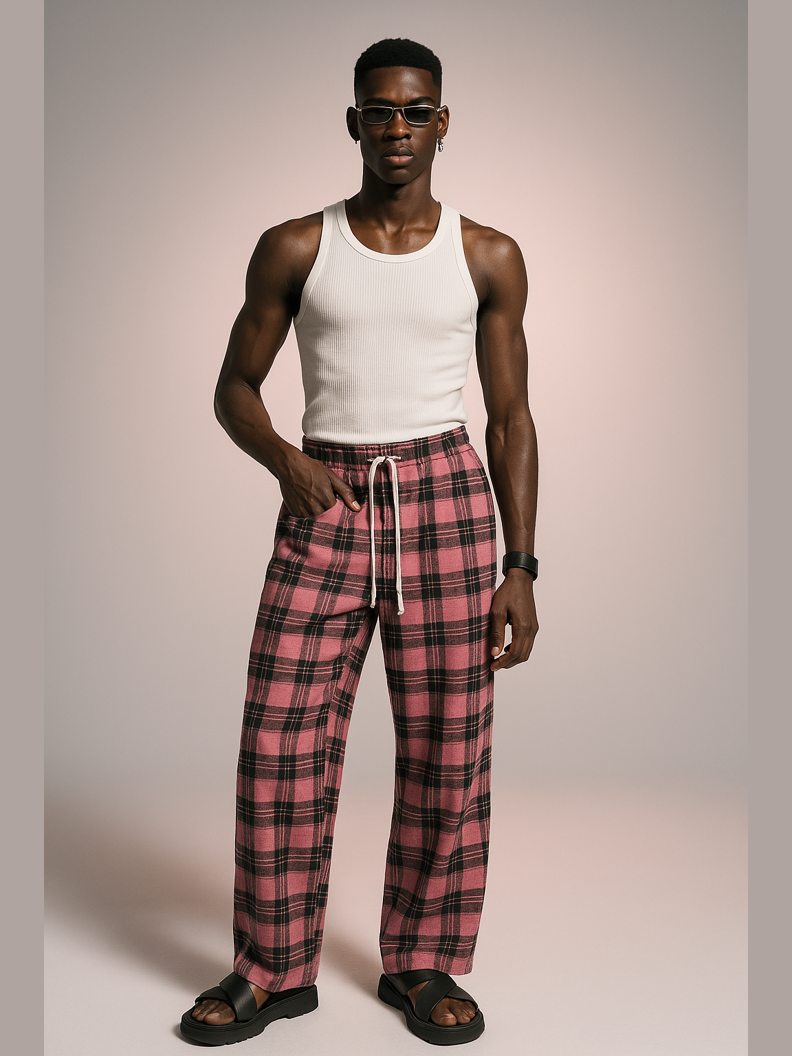Washed Check Drawstring Pants
