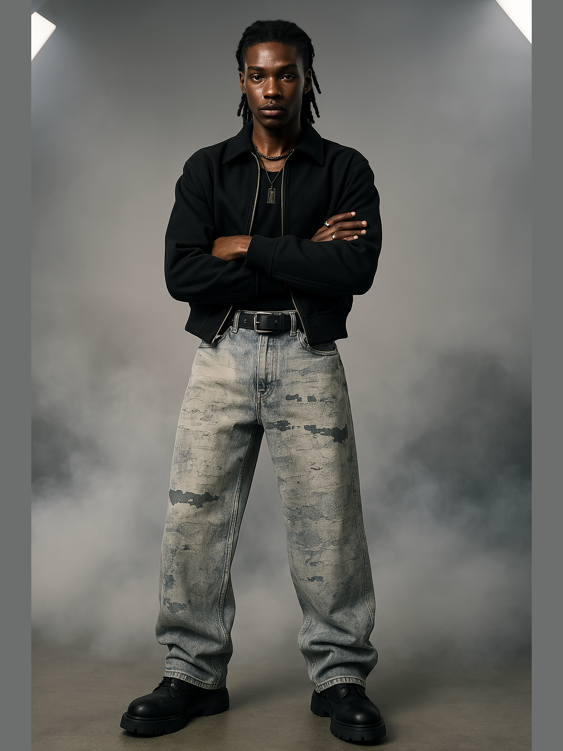 Abstract Washed Wide-Leg Cloud Denim