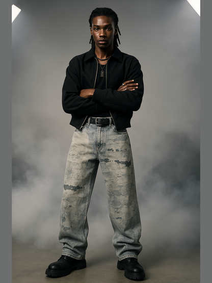 Abstract Washed Wide-Leg Cloud Denim