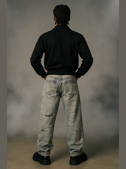 Abstract Washed Wide-Leg Cloud Denim