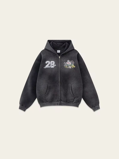 No. 28 “Monster Rally” Zip-Up Hoodie – Vintage Black