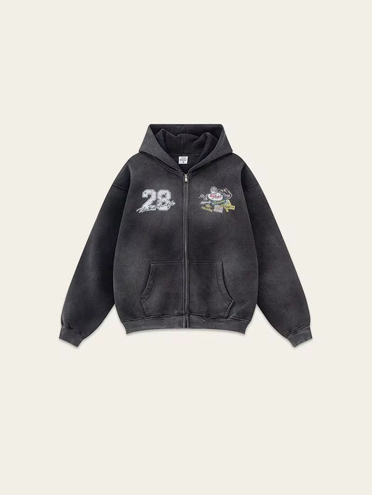 No. 28 “Monster Rally” Zip-Up Hoodie – Vintage Black