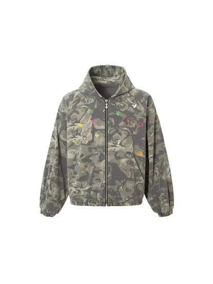 Embroidered Camo Zip-Up Hoodie