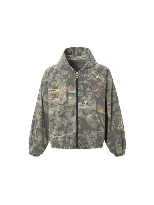 Embroidered Camo Zip-Up Hoodie