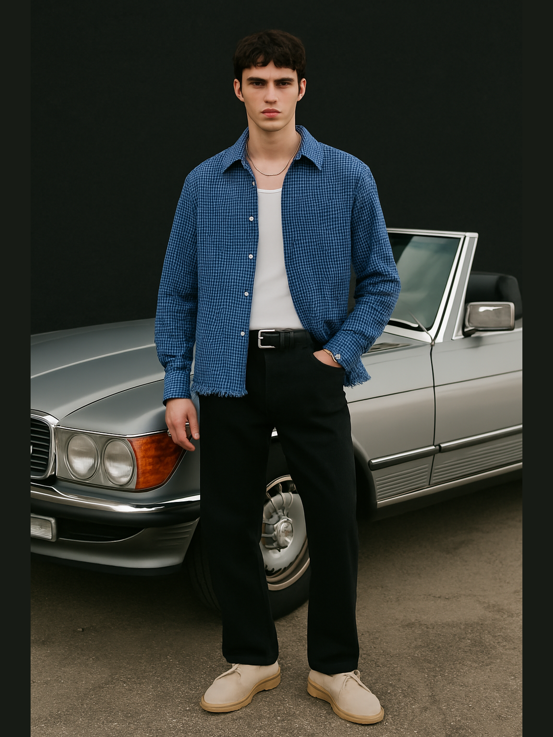 Textured Check Shirt with Frayed Hem