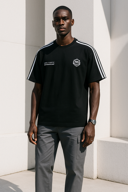 “Simple Yet Significant” Varsity Stripe Tee – Jet Black