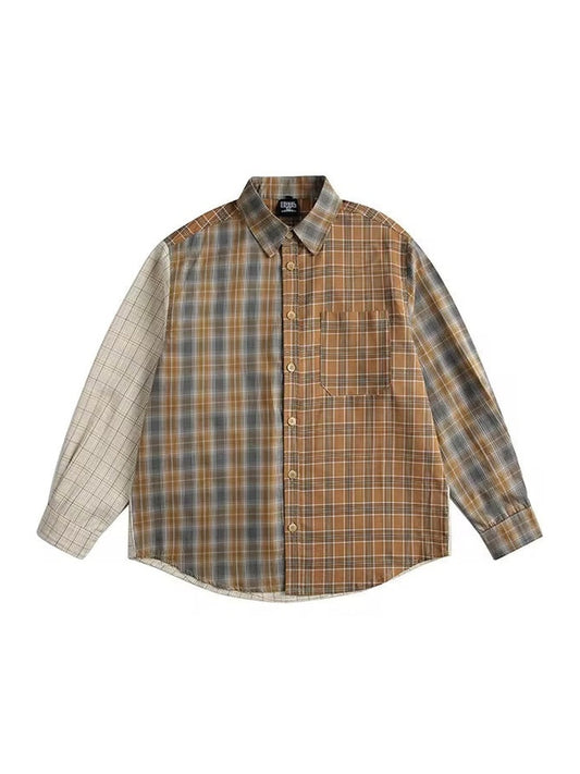 Patchwork Panelled Plaid Shirt – Multi-Tone Brown