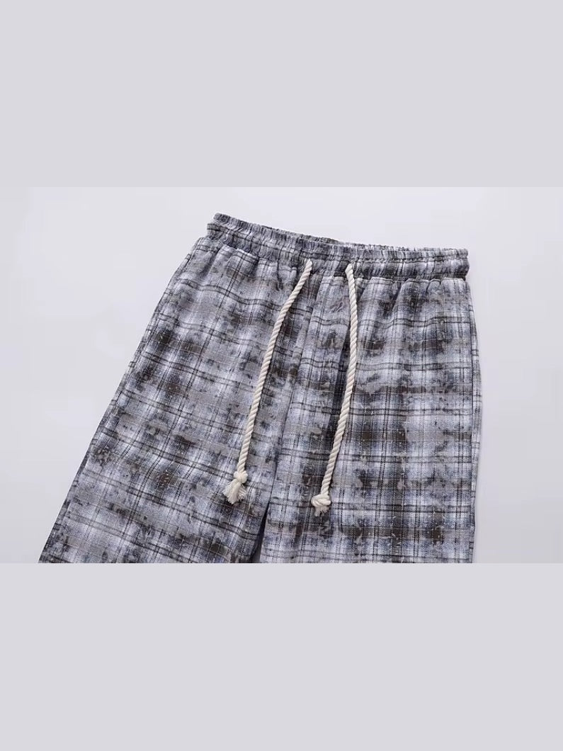 Acid-Washed Check Drawstring Pants