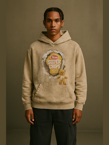 “Super Chips” Hoodie with Teddy Patch – Washed Black / Cream Beige