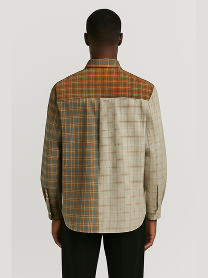 Patchwork Panelled Plaid Shirt – Multi-Tone Brown