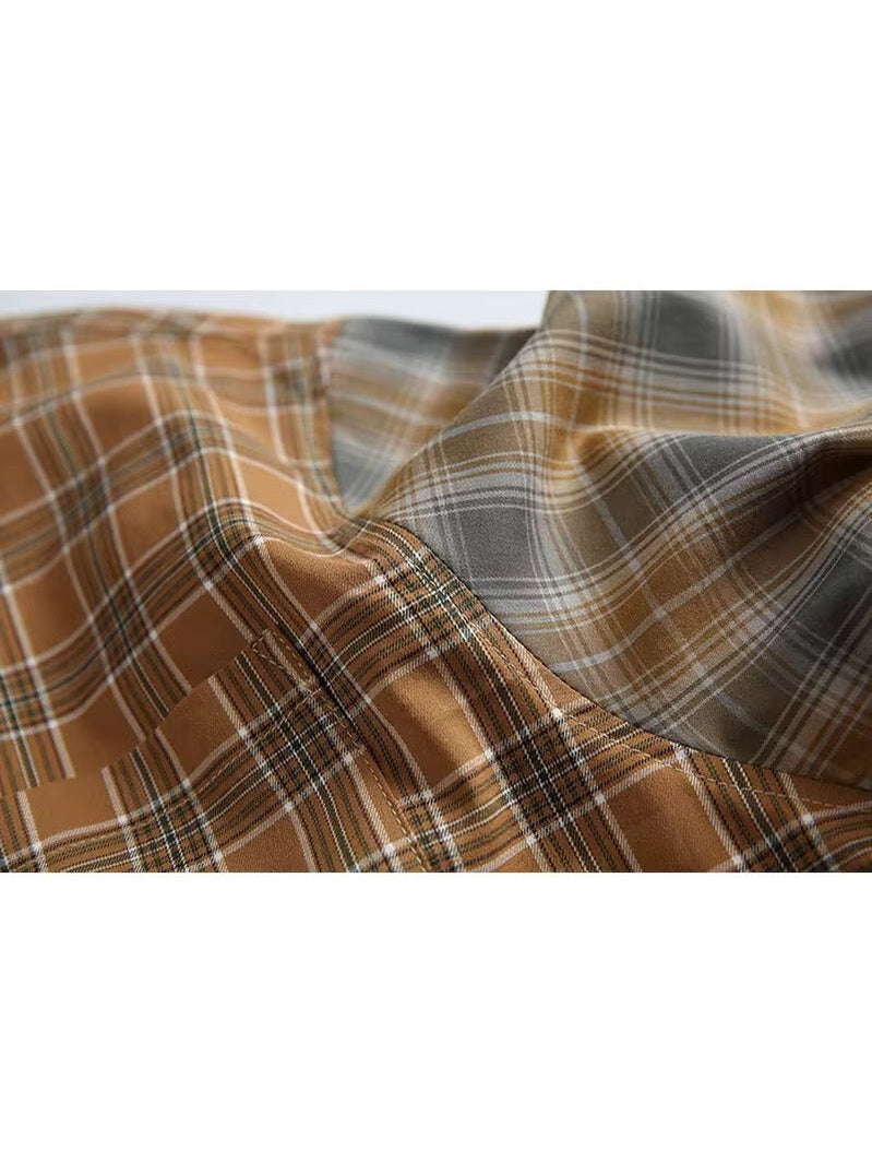 Patchwork Panelled Plaid Shirt – Multi-Tone Brown