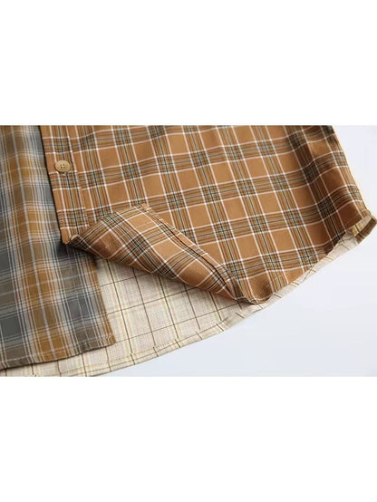 Patchwork Panelled Plaid Shirt – Multi-Tone Brown