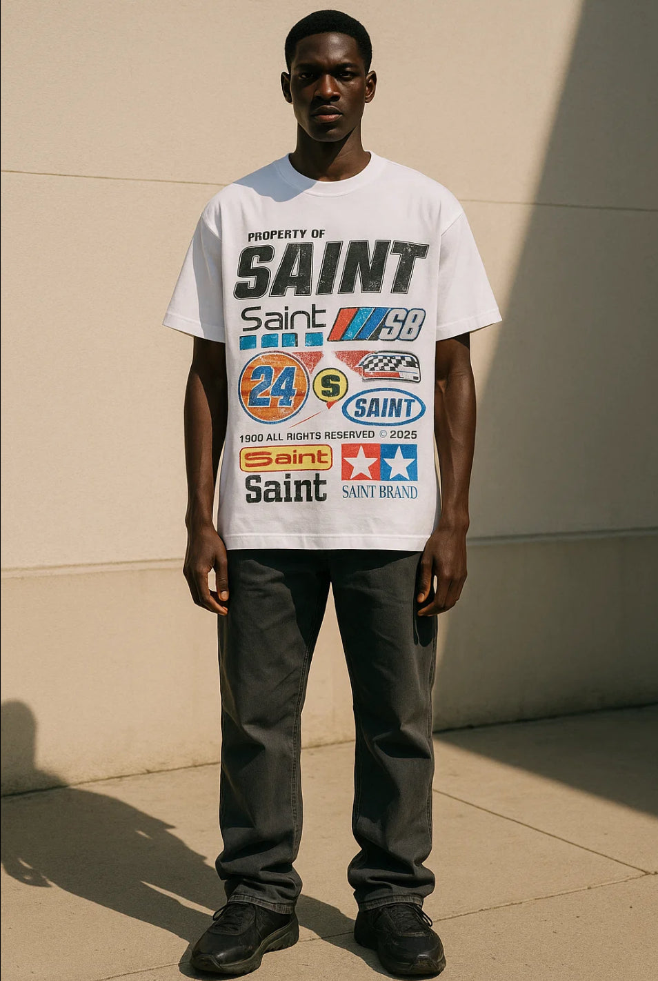 White Racing Logo Tee – “Property of SAINT”