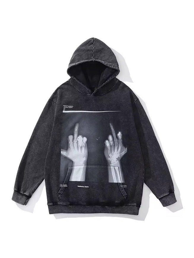 Fractured X-Ray Middle Finger Hoodie – Washed Black