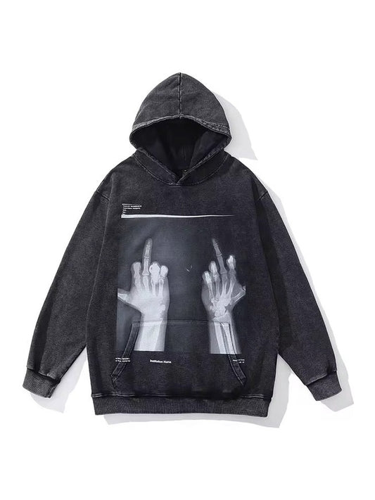 Fractured X-Ray Middle Finger Hoodie – Washed Black