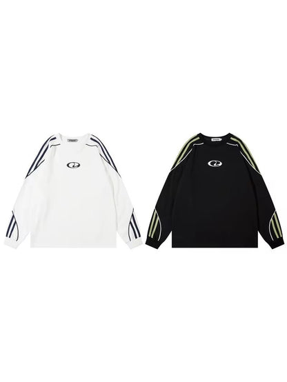 Retro Sports-Inspired Striped Sleeve Long-Sleeve Tee