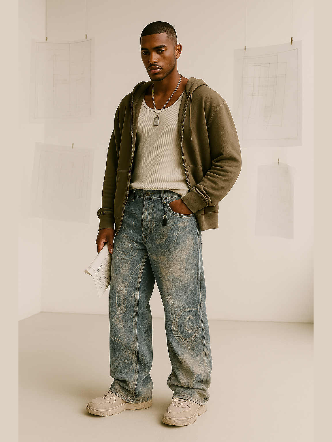 Retro Faded Blueprint Wide-Leg Spray Washed Denim