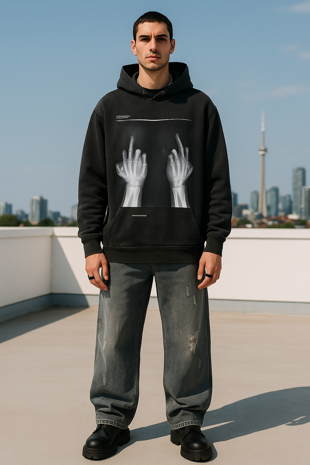 Fractured X-Ray Middle Finger Hoodie – Washed Black