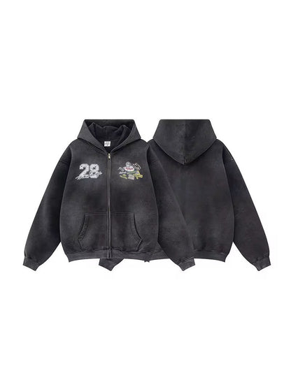 No. 28 “Monster Rally” Zip-Up Hoodie – Vintage Black