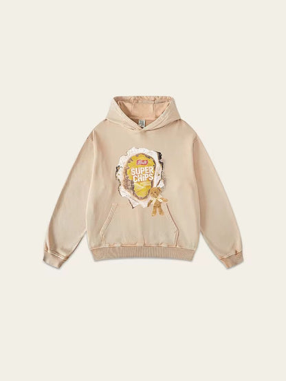 “Super Chips” Hoodie with Teddy Patch – Washed Black / Cream Beige