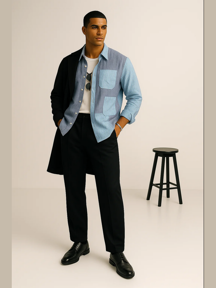 Patchwork Stripe Button-Up Shirt