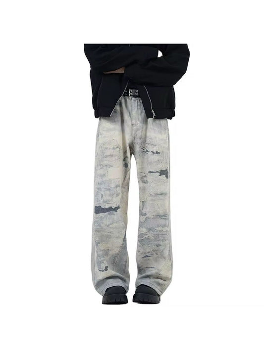 Abstract Washed Wide-Leg Cloud Denim