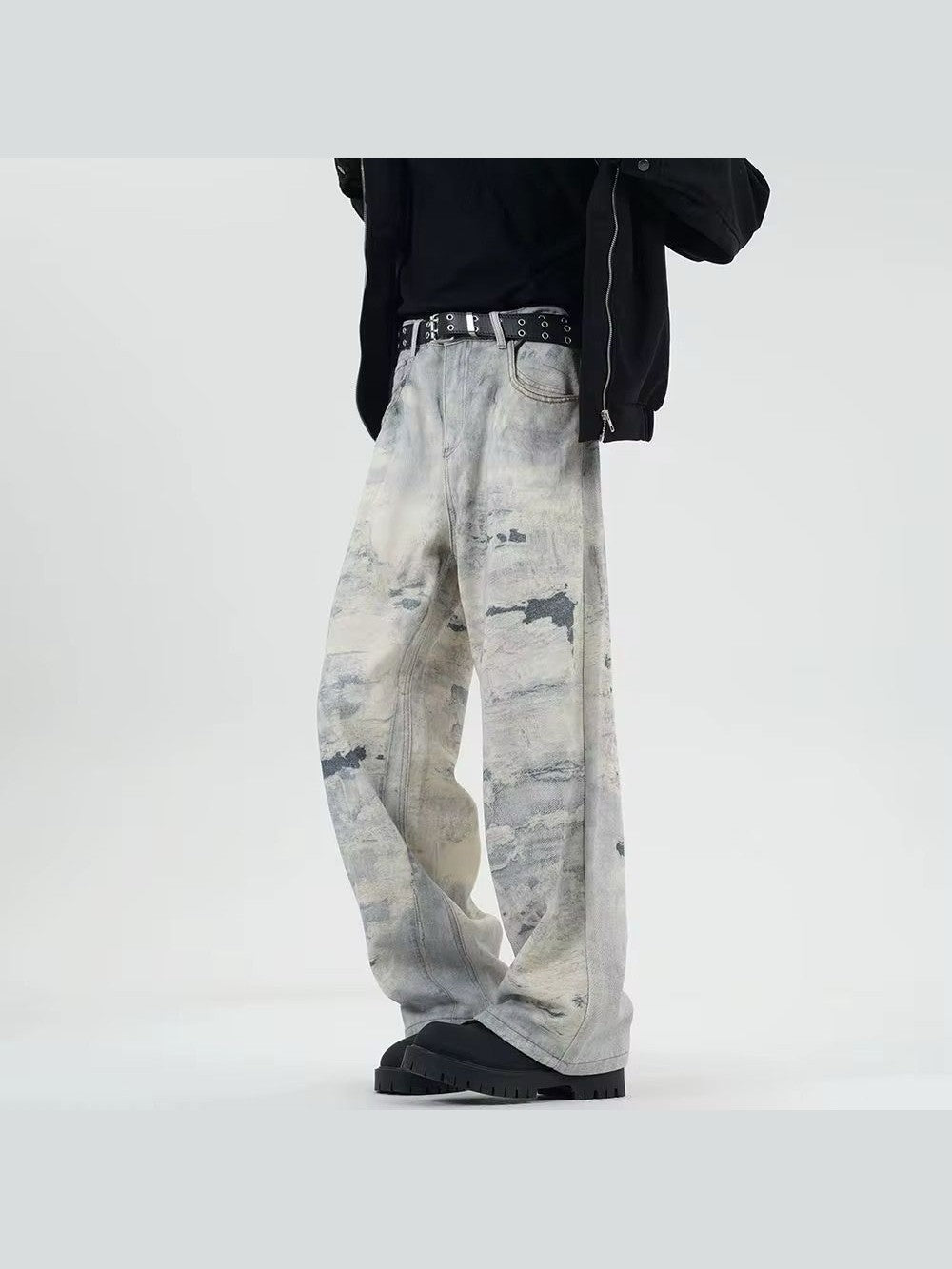 Abstract Washed Wide-Leg Cloud Denim