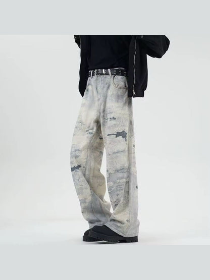 Abstract Washed Wide-Leg Cloud Denim
