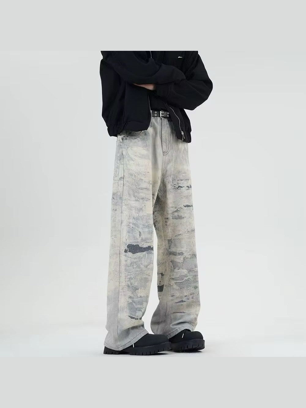 Abstract Washed Wide-Leg Cloud Denim